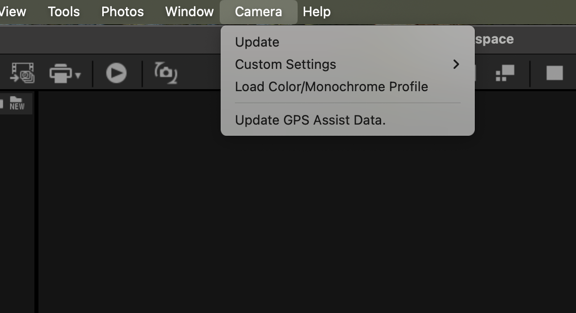 OM Workspace: Camera menu — Load Color/Monochrome Profile