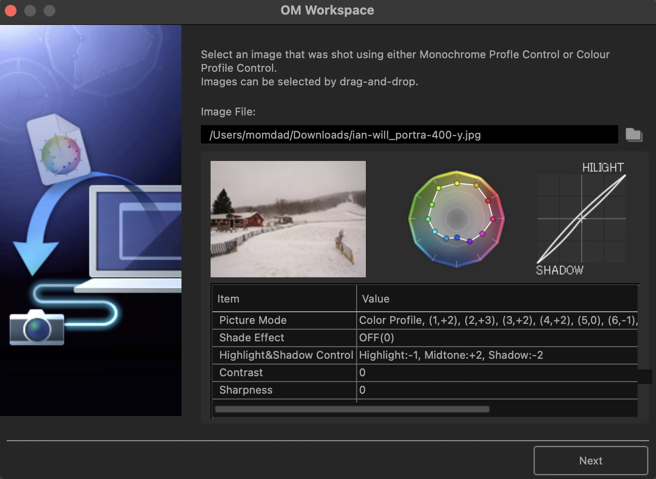 OM Workspace: selecting the recipe JPG file